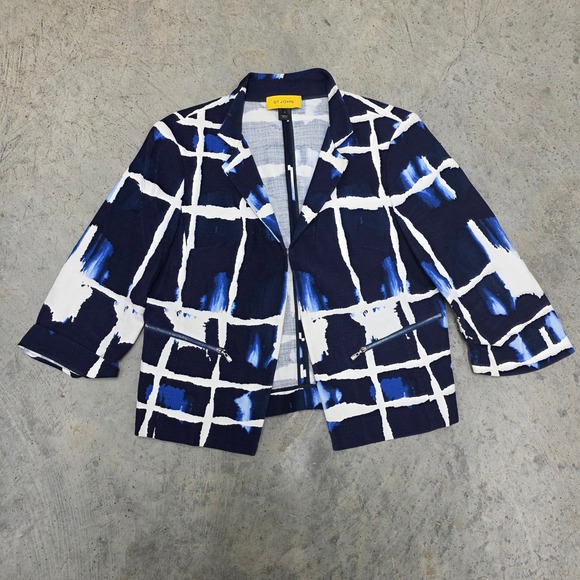ST JOHN Women's‎ Blazer Jacket Size 8 Navy White Abstract Grid Print